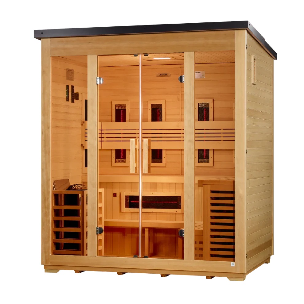 Golden Designs Gargellen 5-Person Hybrid Outdoor Sauna w/ Full Spectrum Infrared & Harvia Traditional Electric Heater Kit + Red Light Therapy | Flat Roof GDI‐8105‐01