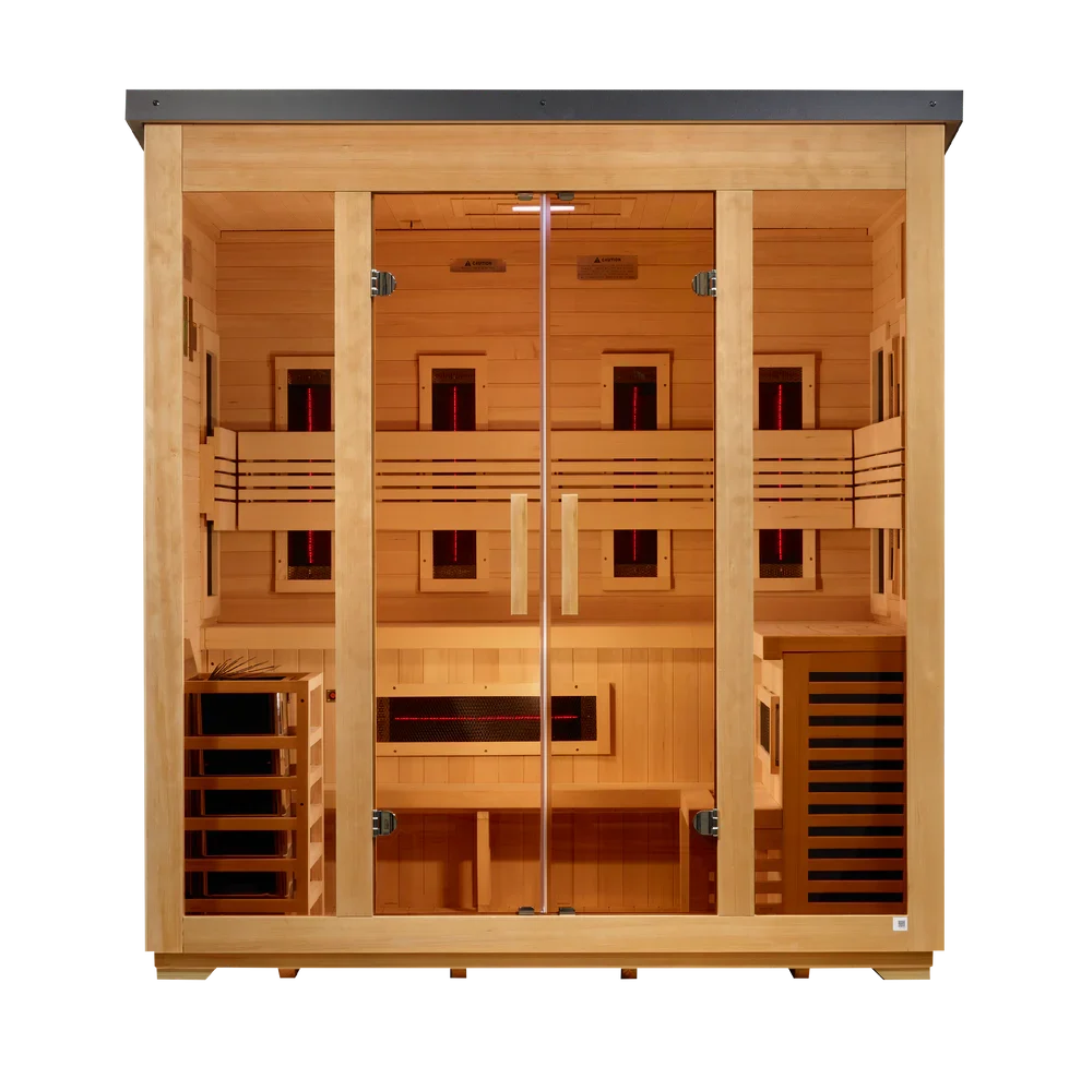 Golden Designs Gargellen 5-Person Hybrid Outdoor Sauna w/ Full Spectrum Infrared & Harvia Traditional Electric Heater Kit + Red Light Therapy | Flat Roof GDI‐8105‐01