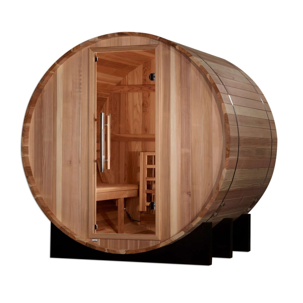Golden Designs St. Moritz 2-4 Person Outdoor Barrel Sauna & Harvia Traditional Electric Heater Kit | GDI-B002-01