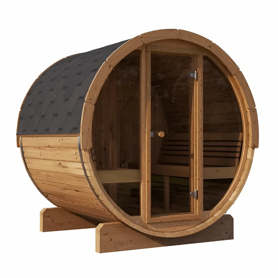 SaunaLife 6 Person 7' Long Outdoor Traditional Barrel Sauna w/ Glass Front | Ergo Model E8G