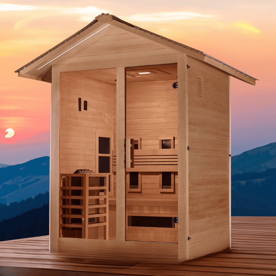 Golden Designs Carinthia 3-Person Hybrid Outdoor Sauna w/ Full Spectrum Indoor Infrared & Harvia Traditional Electric Heater Kit + Red Light Therapy | GDI-8123-01