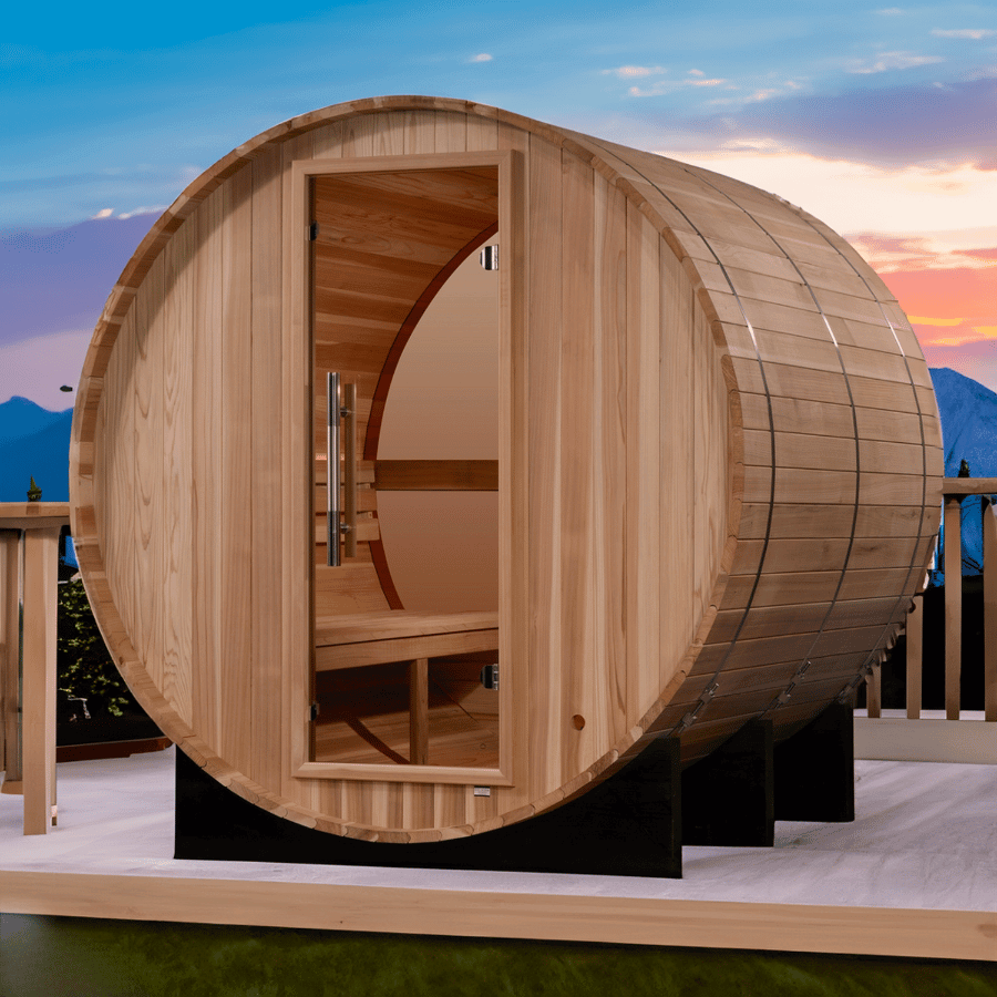 Golden Designs Zurich 4-Person Outdoor Barrel Sauna w/ Panoramic Rear Window & Harvia Traditional Electric Heater Kit | GDI-B024-01